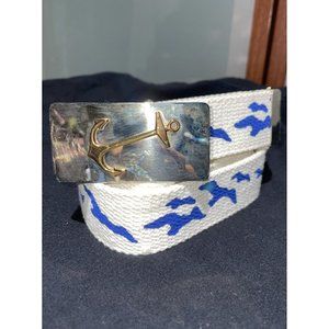 Seacraft Vintage Nautical German Silver Anchor Buckle W/Seagull Printed Belt VTG